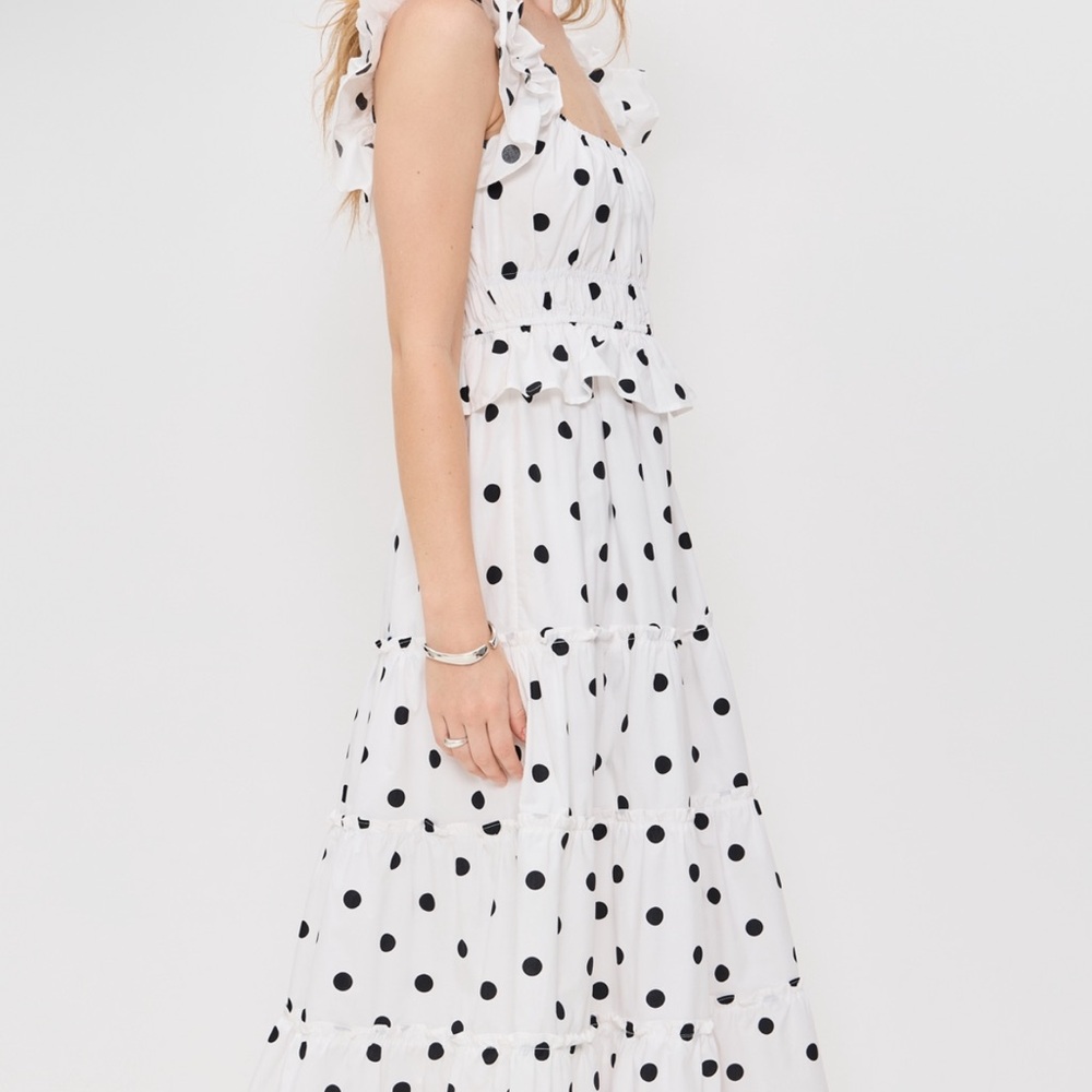 Elegant Black and White Polka Dot Midi Dress - Picture 3 of 6